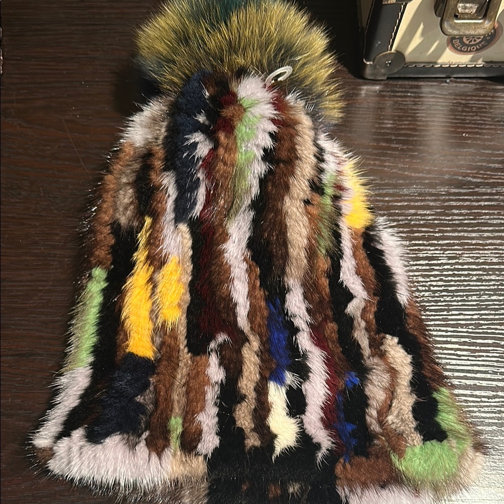Colorful Fur Pom-Pom Hat handmade in Finland